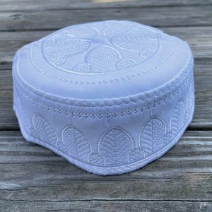 Pray Hat Islamic Religious White Embroidery Cap Topi Prayer Round Hat Size 58cm